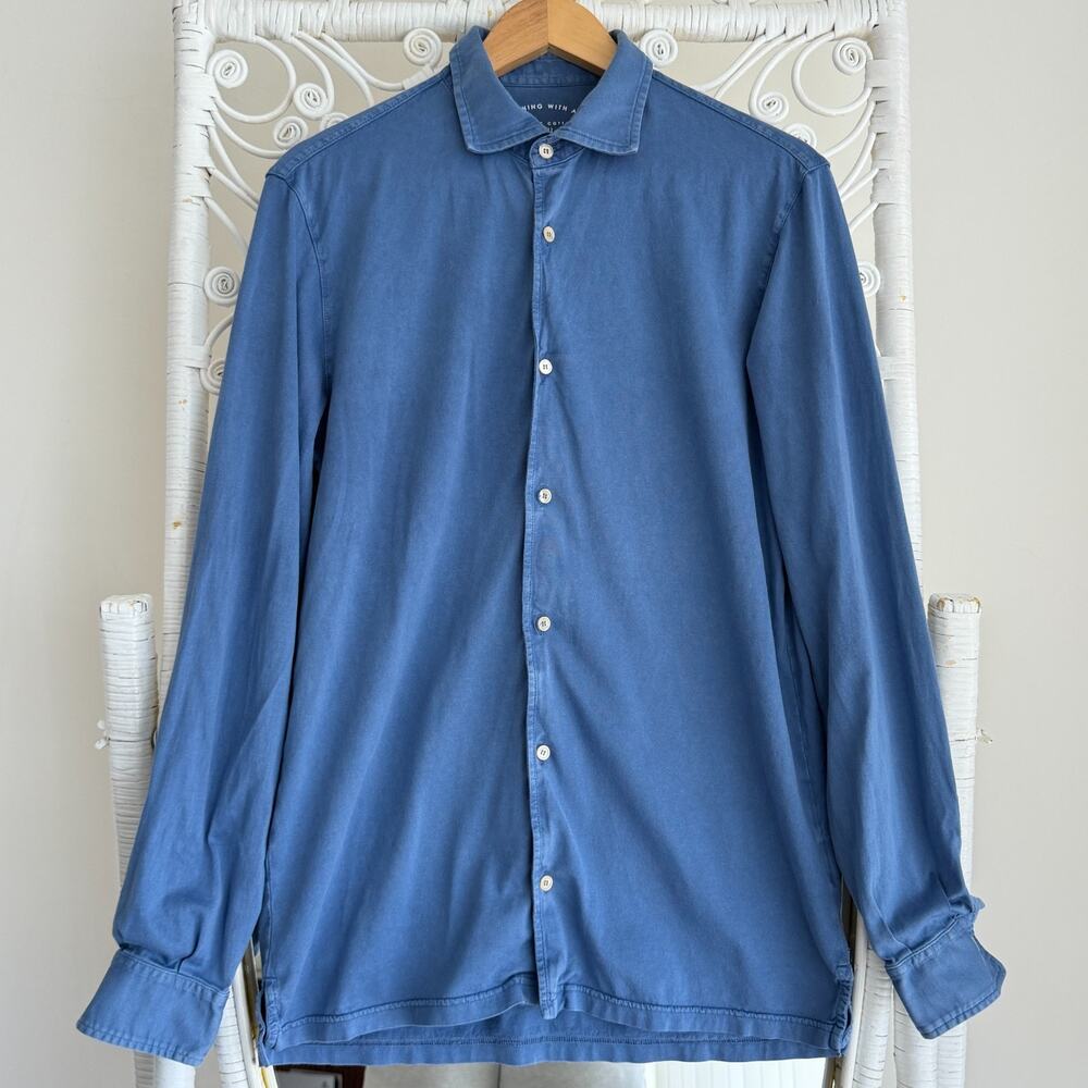Fedeli Shirt 42 US Blue Button Up Organic Cotton Jersey Knit Made in Italy IT 52
